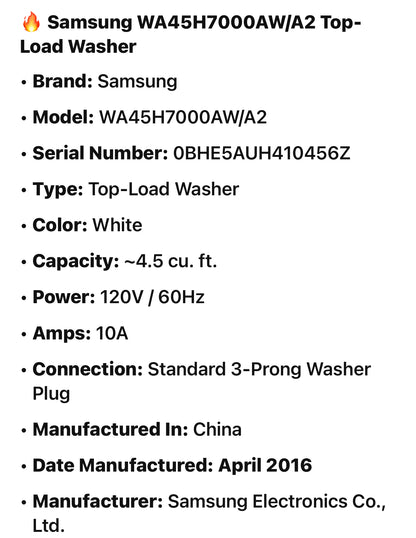🔥 Samsung WA45H7000AW/A2 Top-Load Washer