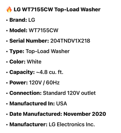 🔥 LG WT7155CW Top-Load Washer