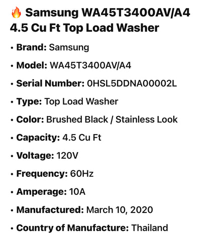 🔥 Samsung WA45T3400AV/A4 4.5 Cu Ft Top Load Washer