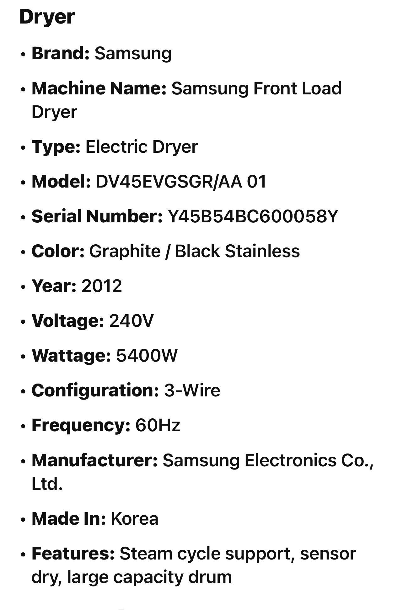 Samsung DV45EVGSGR/AA Front Load Electric Dryer with Steam
