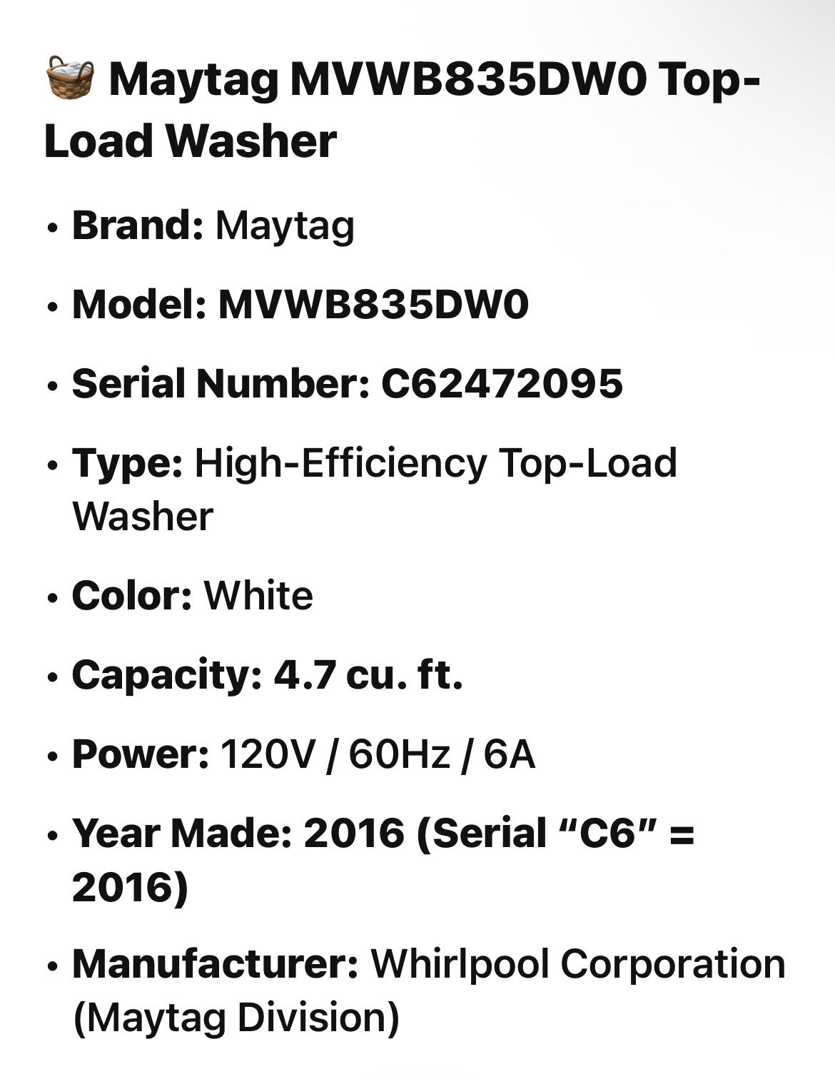 Maytag 4.7 cu. ft. White Top-Load Washer
Model: MVWB835DW