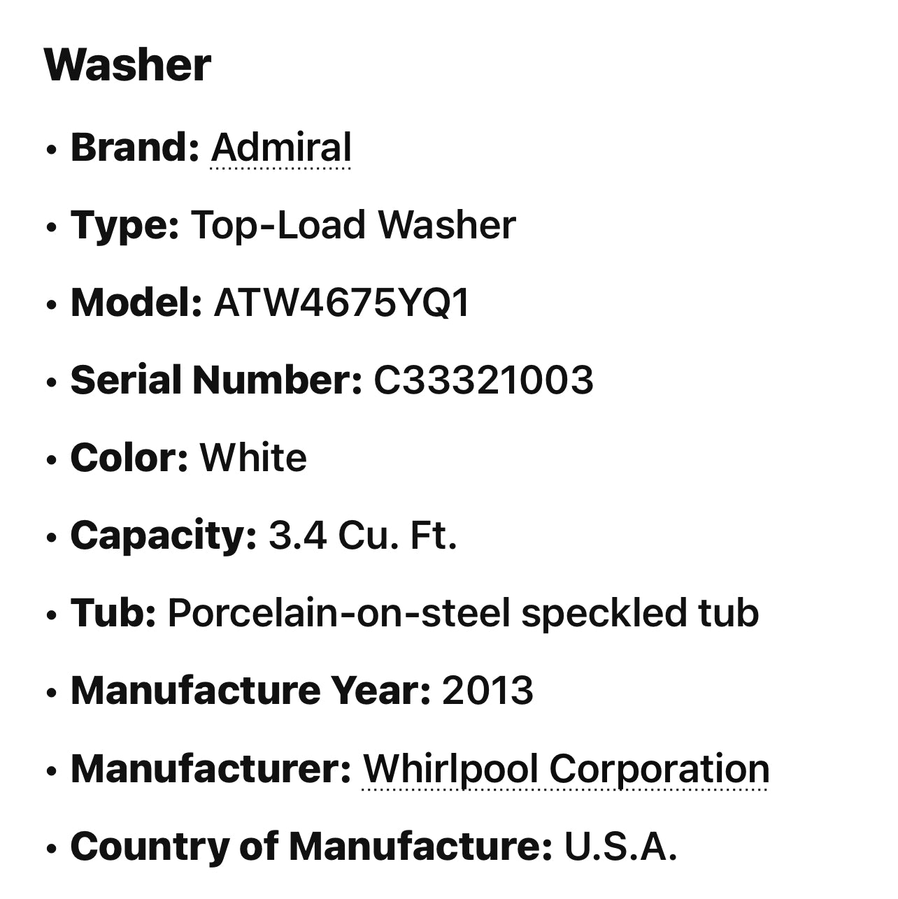 Admiral ATW4675YQ1 3.5 cu. ft. Top Load Washer with 9 Wash Cycles