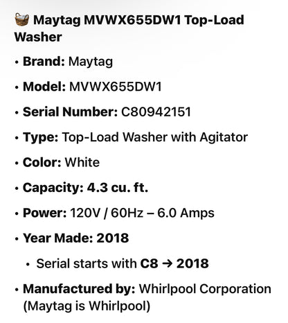 🧺 Maytag MVWX655DW1 Top-Load Washer