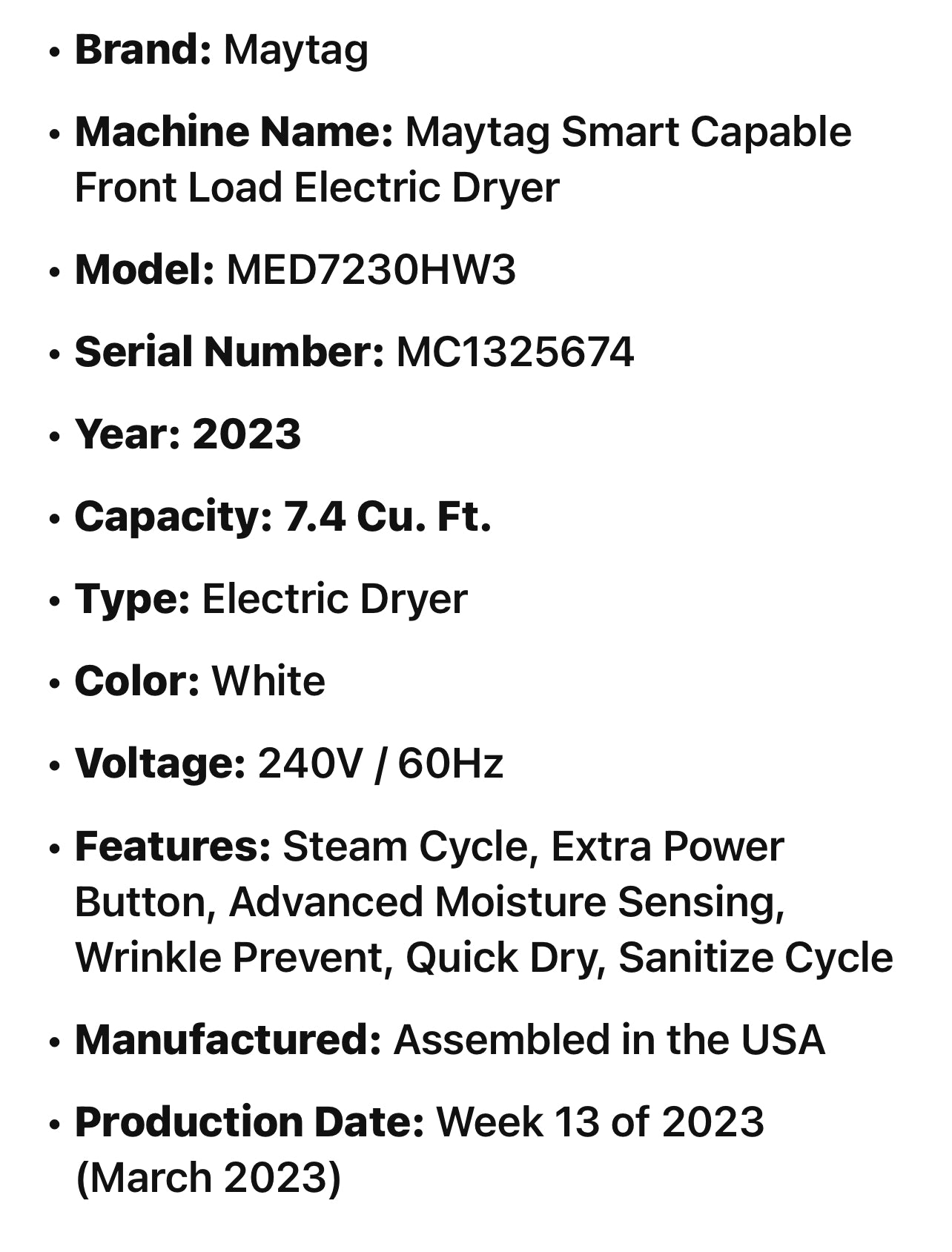 Maytag Smart Capable Front Load Electric Dryer