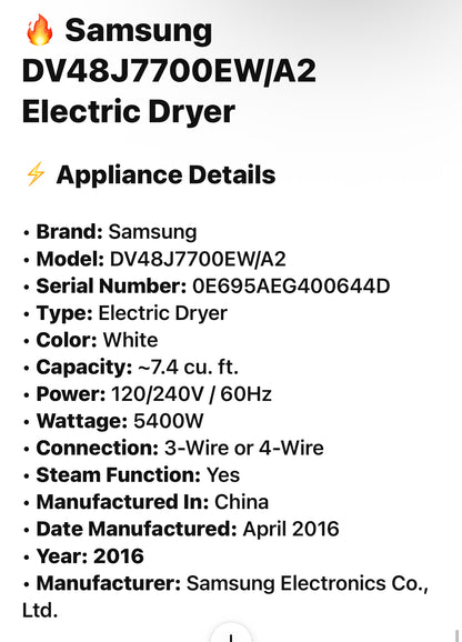 🔥 Samsung DV48J7700EW/A2 Electric Dryer