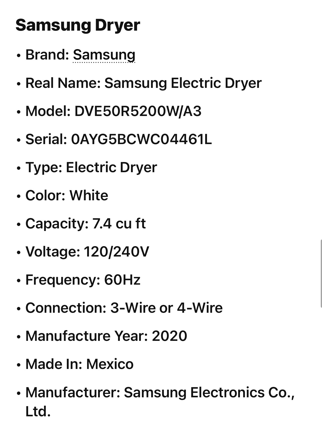 Samsung 7.4 Cu. Ft. White Electric Dryer with Sensor Dry dve50r5200w