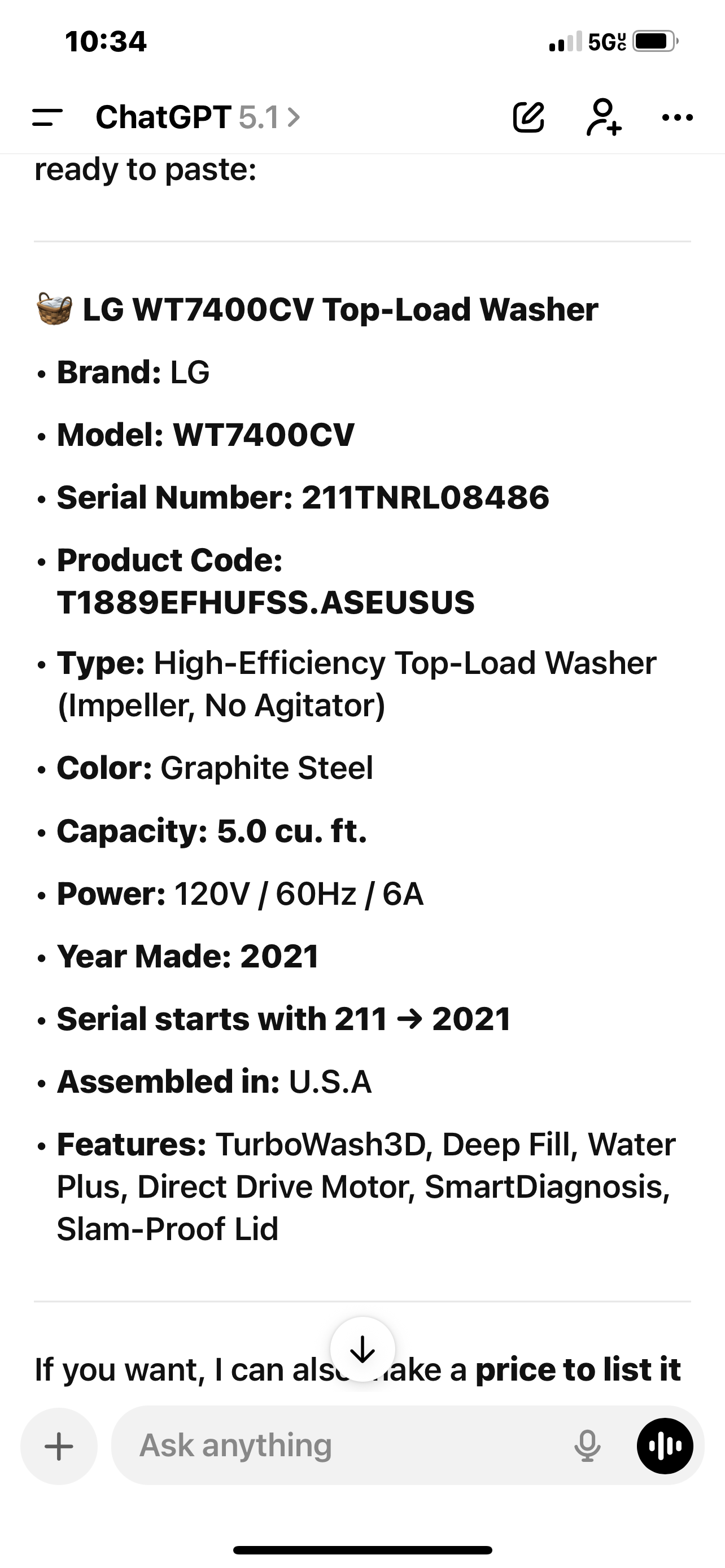 🧺 LG WT7400CV Top-Load Washer