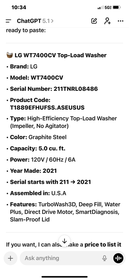 🧺 LG WT7400CV Top-Load Washer