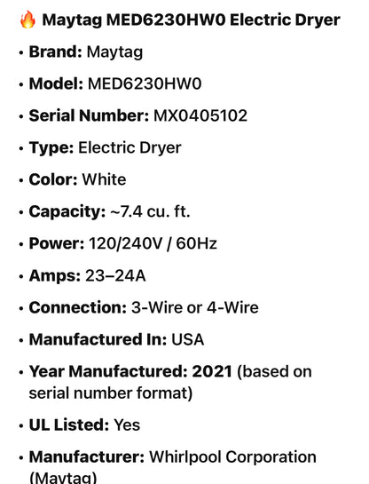 🔥 Maytag MED6230HW0 Electric Dryer