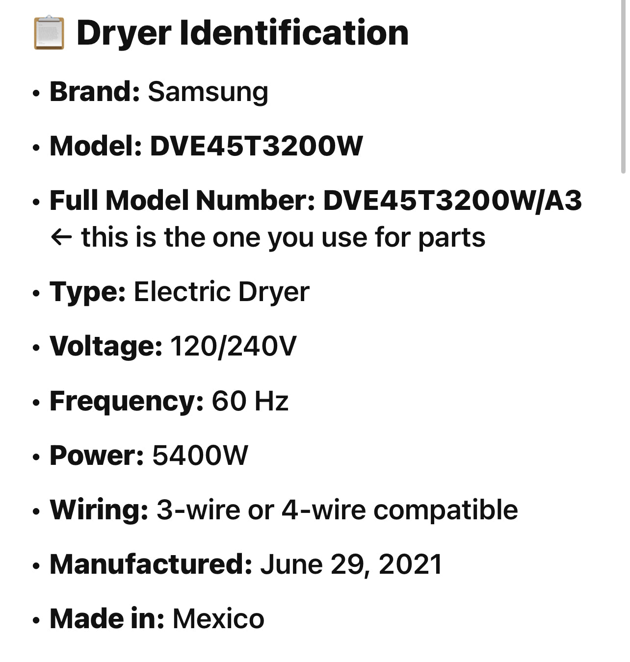 Samsung DVE45T3200W 7.2 Cu. Ft. Electric Dryer – White