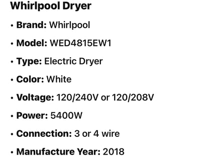 Whirlpool  WED4815EW
7.0 cu. ft. Electric Dryer with AutoDry™ Drying System and Wrinkle Shield™ Option