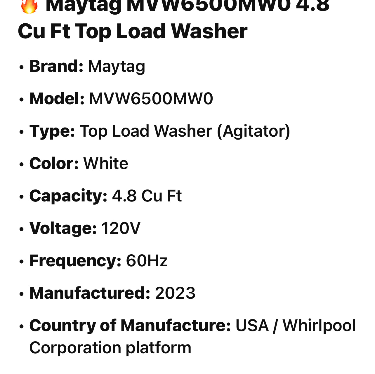 🔥 Maytag MVW6500MW0 4.8 Cu Ft Top Load Washer