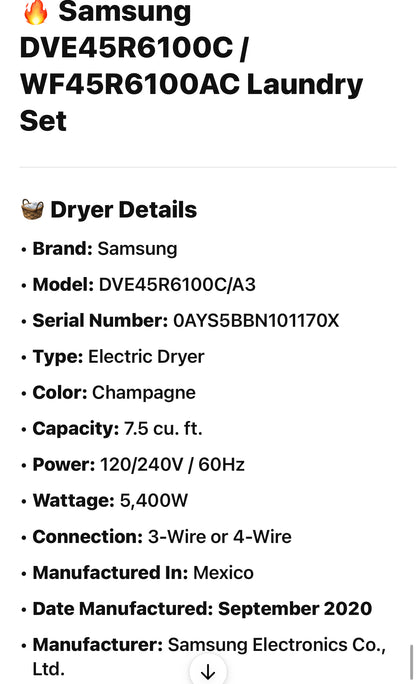 Samsung Washer And Electric Dryer Set