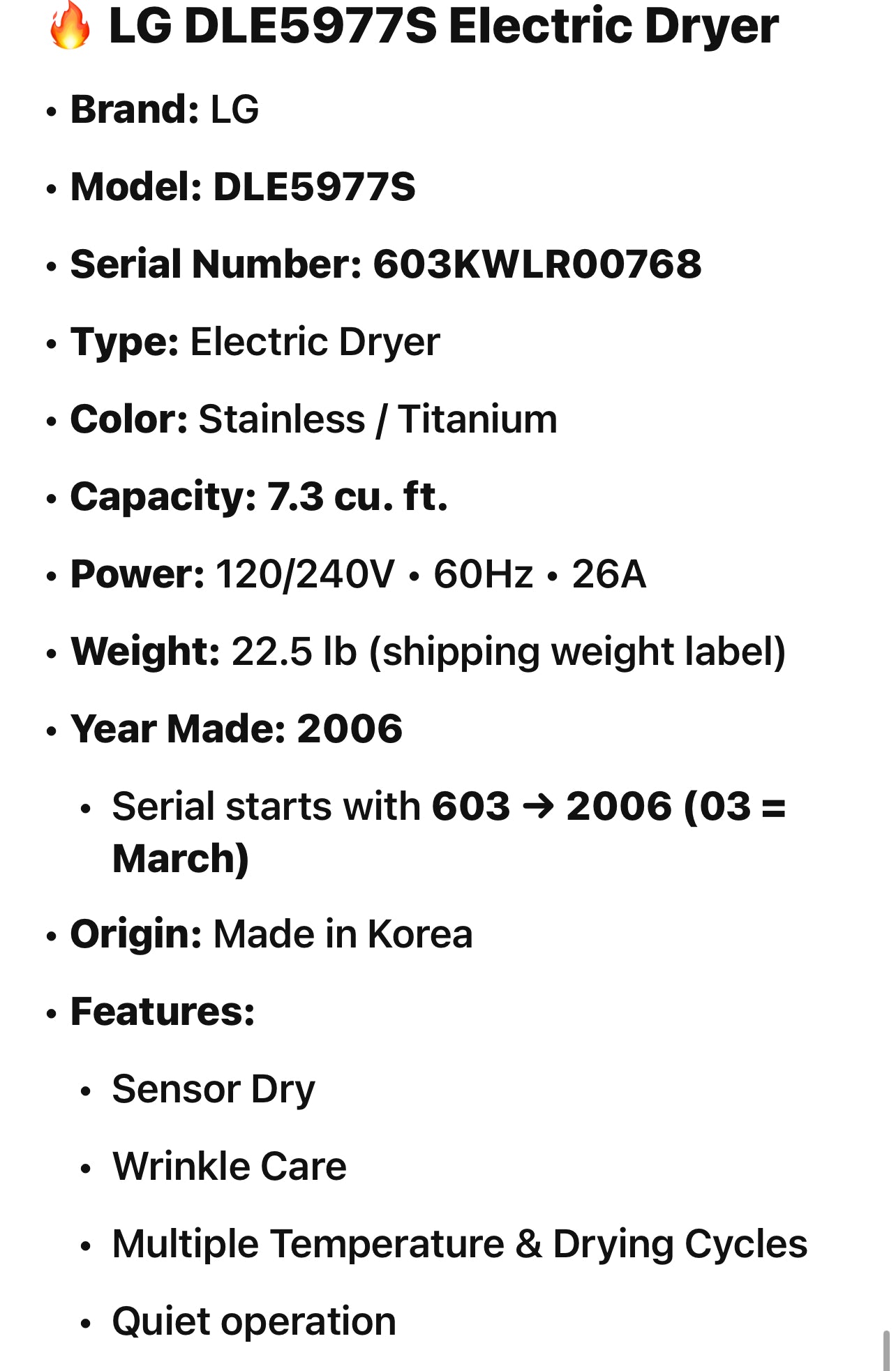 🔥 LG DLE5977S Electric Dryer
	•