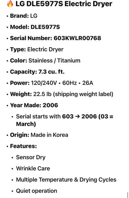 🔥 LG DLE5977S Electric Dryer
	•