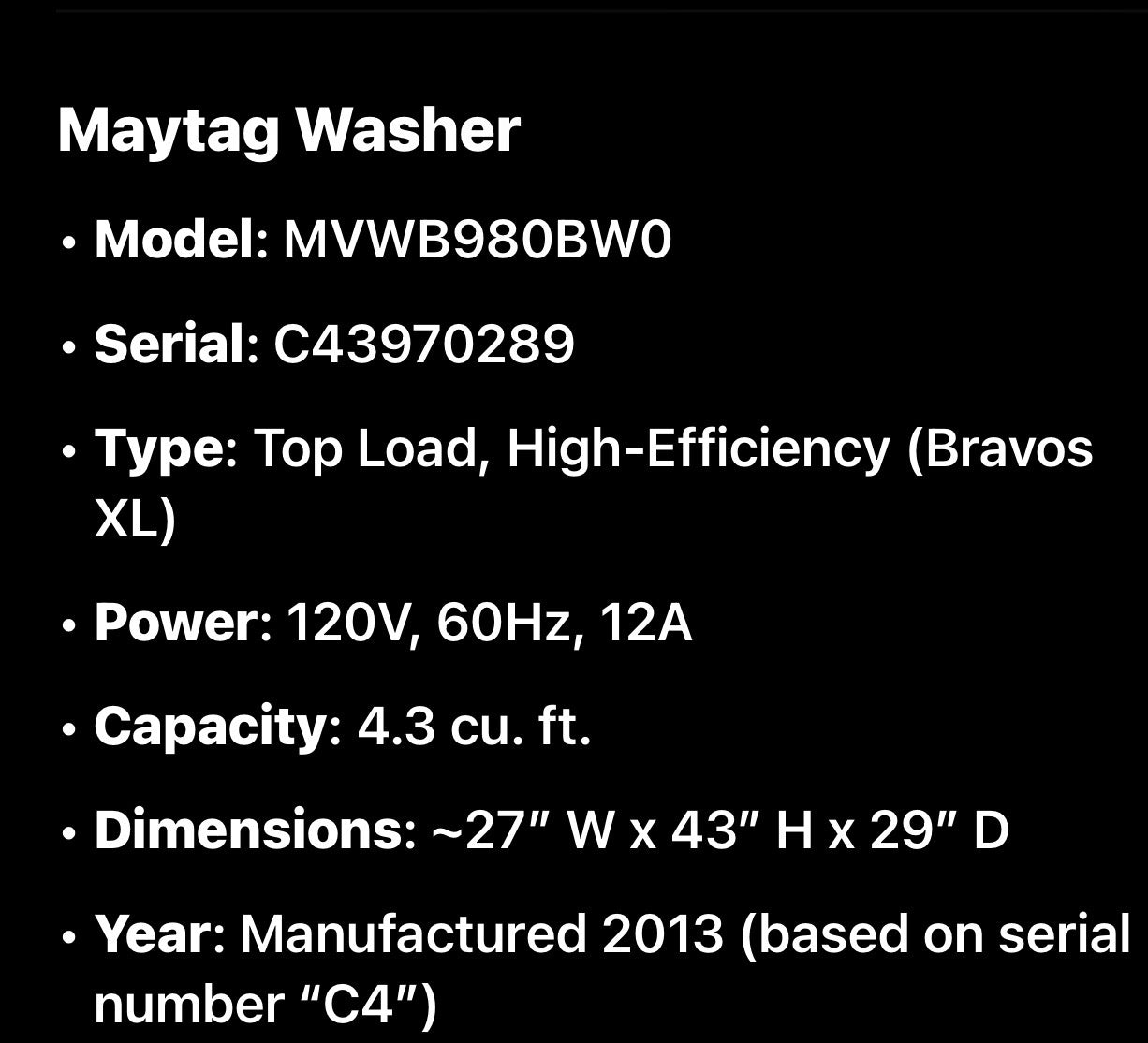 Maytag Bravos XL Top Load Washer – Model MVWB980BW0 (4.3 cu. ft.)