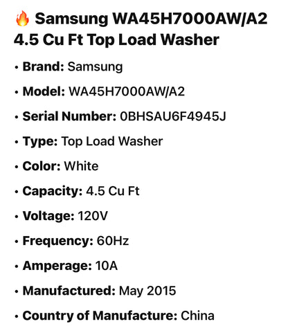 🔥 Samsung WA45H7000AW/A2 4.5 Cu Ft Top Load Washer