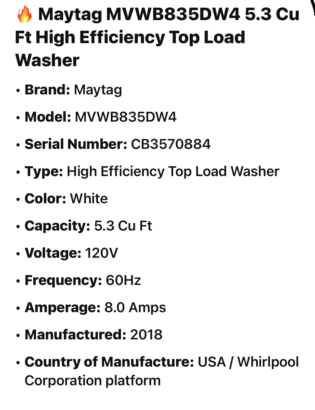 🔥 Maytag MVWB835DW4 5.3 Cu Ft High Efficiency Top Load Washer