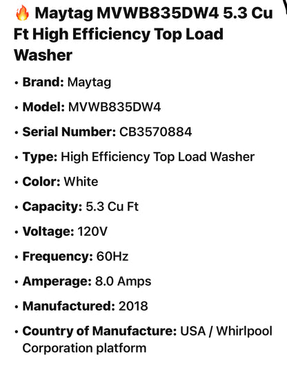 🔥 Maytag MVWB835DW4 5.3 Cu Ft High Efficiency Top Load Washer