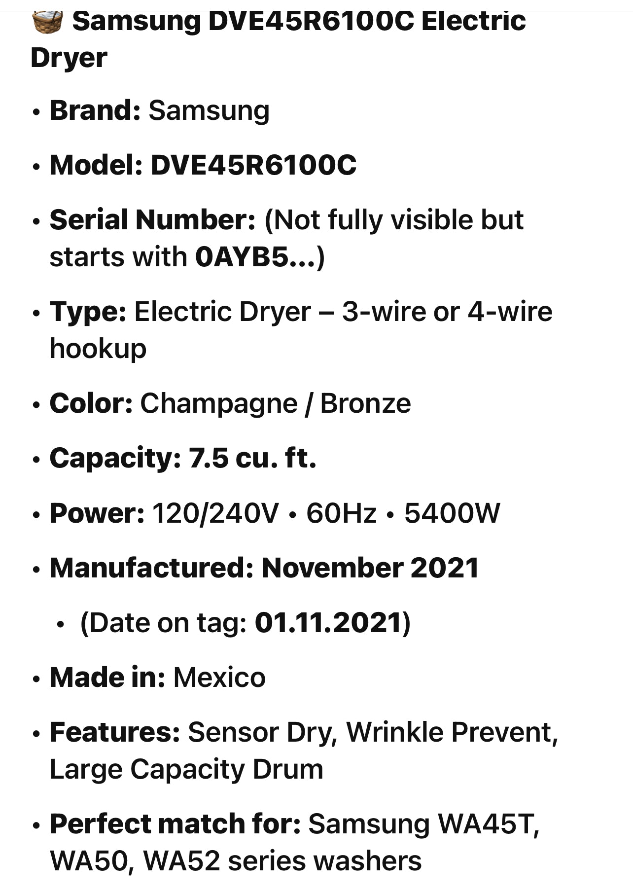 ✨ Samsung DVE45R6100C 7.5 cu ft Electric Dryer (Champagne)