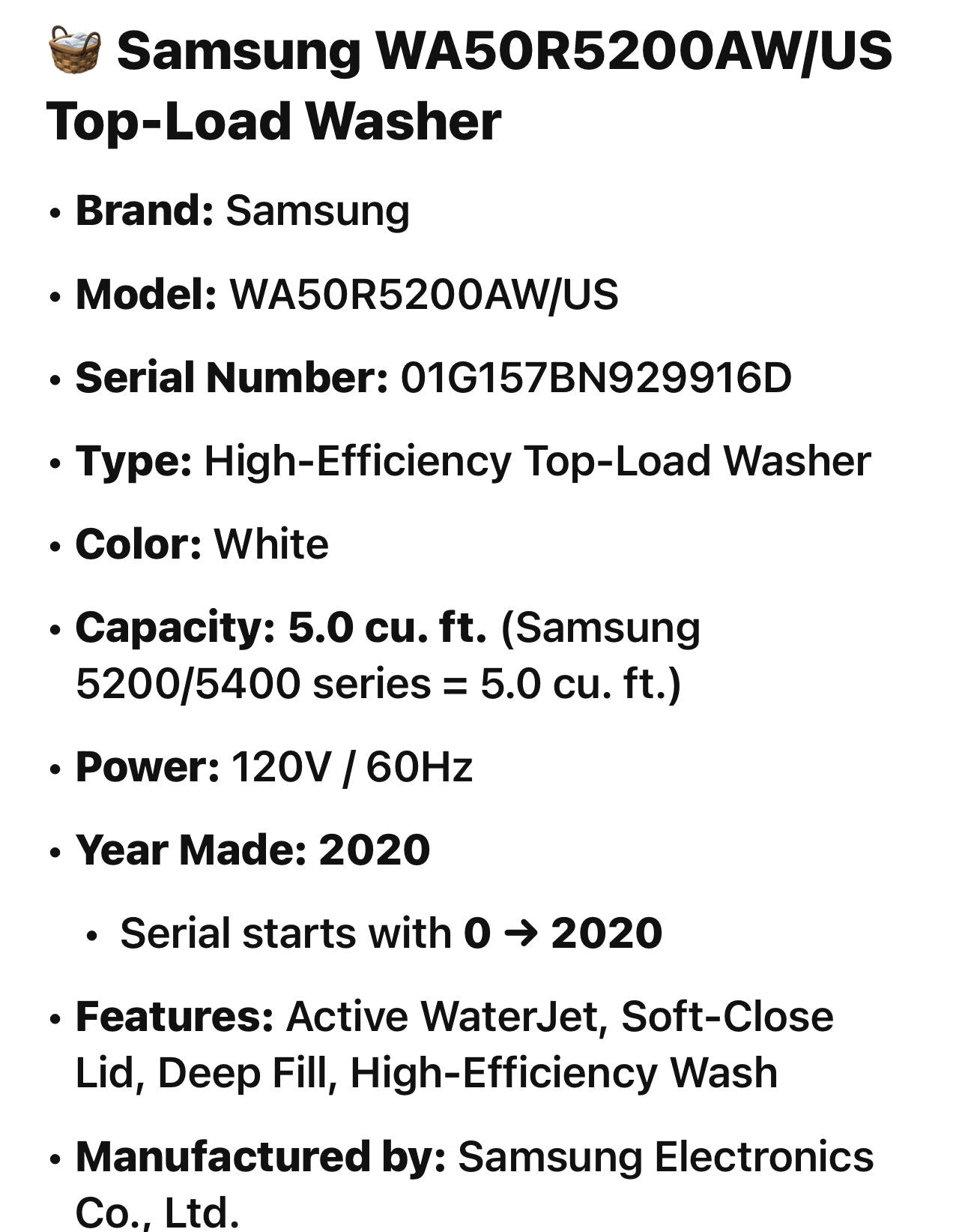 🧺 Samsung WA50R5200AW/US Top-Load Washer