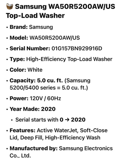 🧺 Samsung WA50R5200AW/US Top-Load Washer