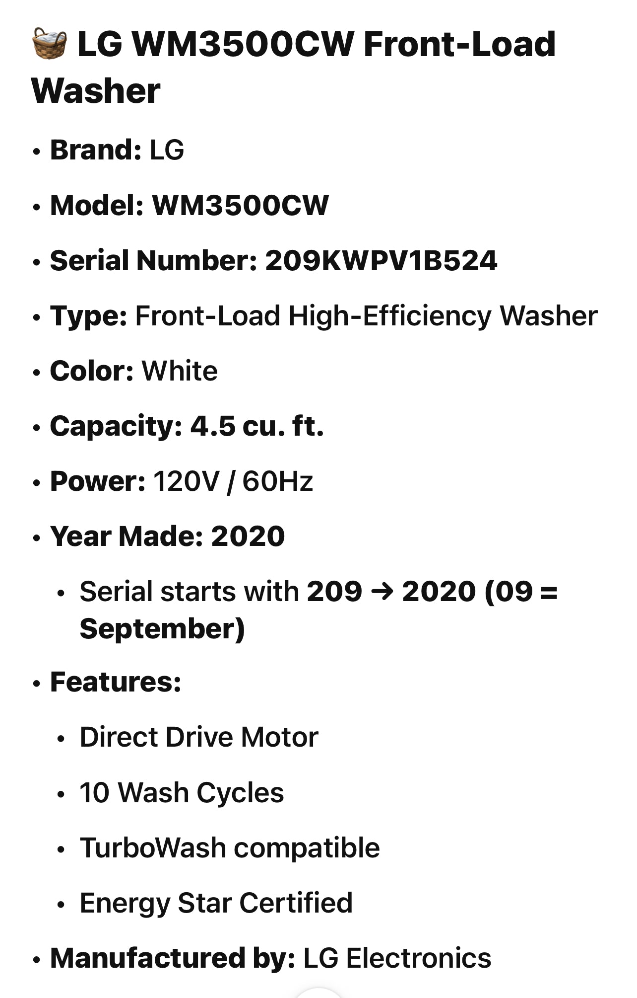 🧺 LG WM3500CW Front-Load Washer