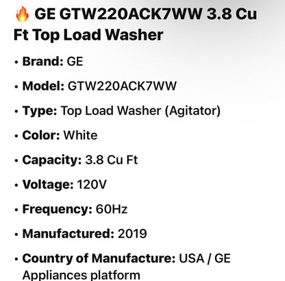 🔥 GE GTW220ACK7WW 3.8 Cu Ft Top Load Washer