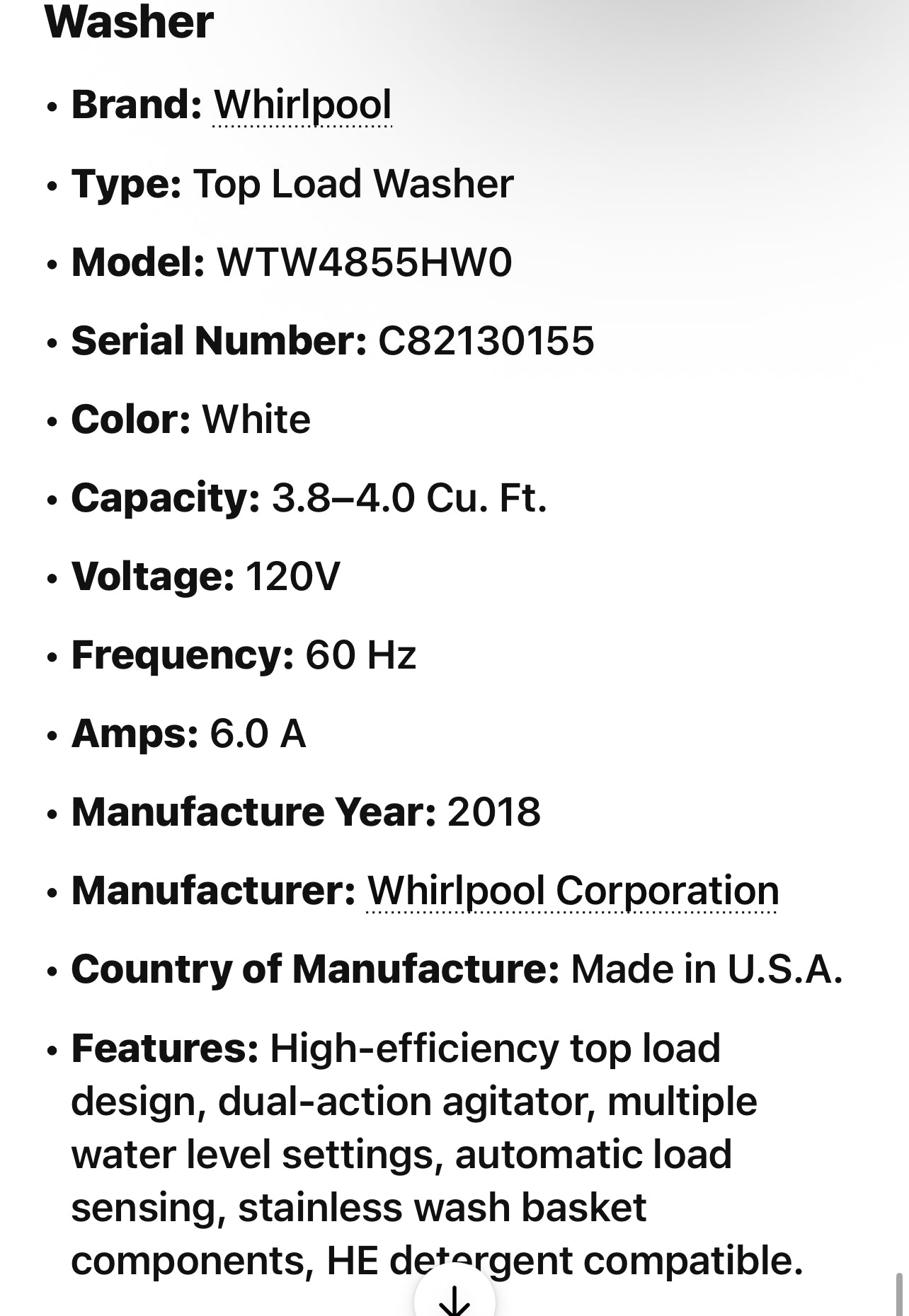 Whirlpool  WTW4855HW
28 Inch Top Load Washer with 3.8 Cu. Ft. Capacity, Water Level Selection, Two-Way Wash Action Agitator, Stainless Steel Wash Basket, Late Lid Lock, 12 Wash Cycles, Quick Wash, Soaking Cycles, and Clean Washer with Affresh® Cycle