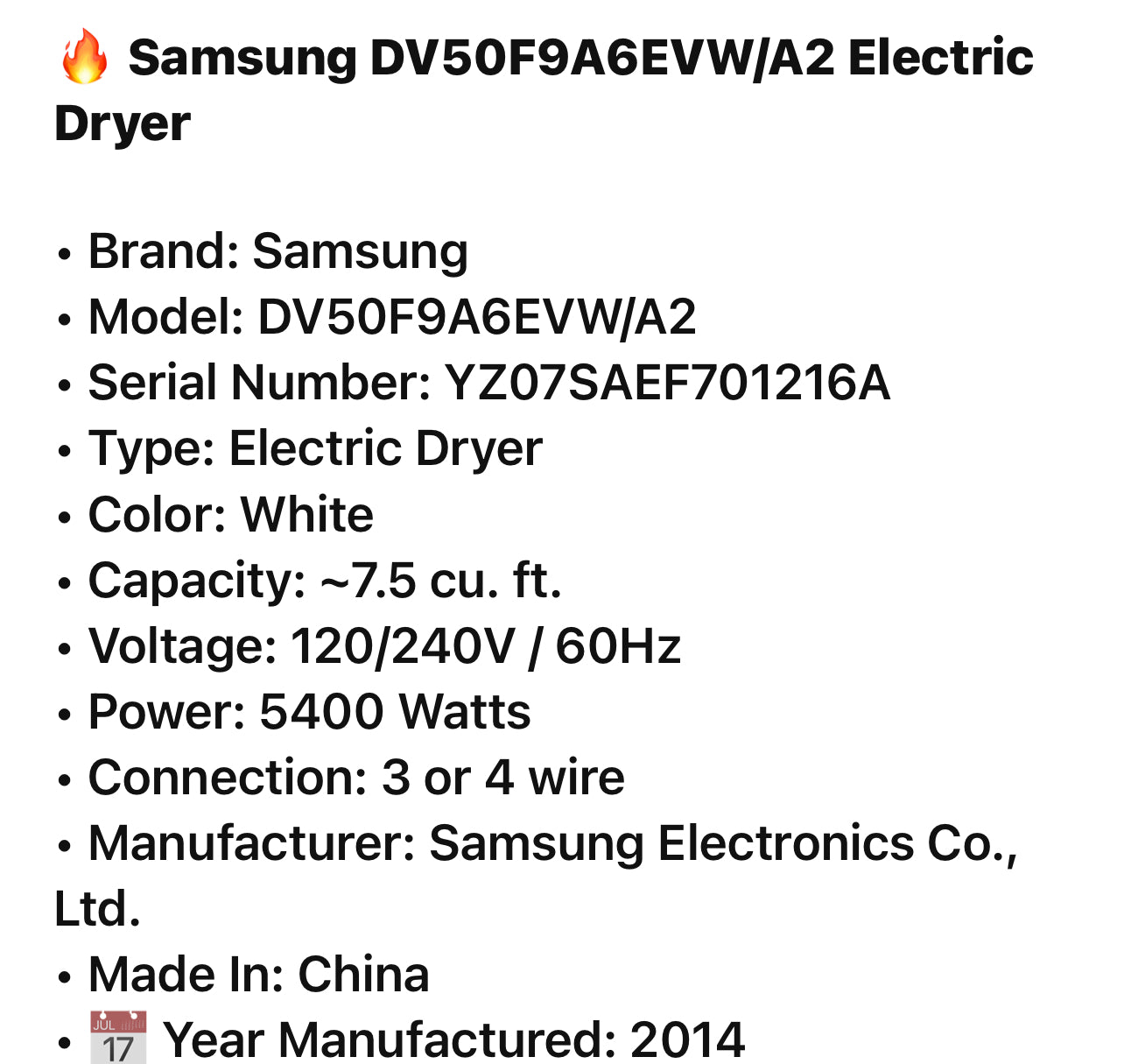 🔥 Samsung DV50F9A6EVW/A2 Electric Dryer