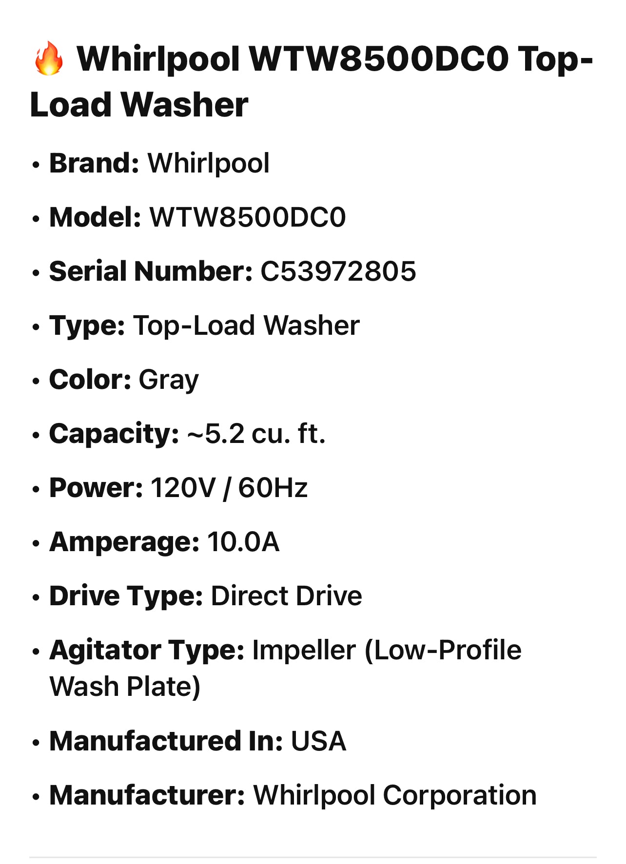 🔥 Whirlpool WTW8500DC0 Top-Load Washer