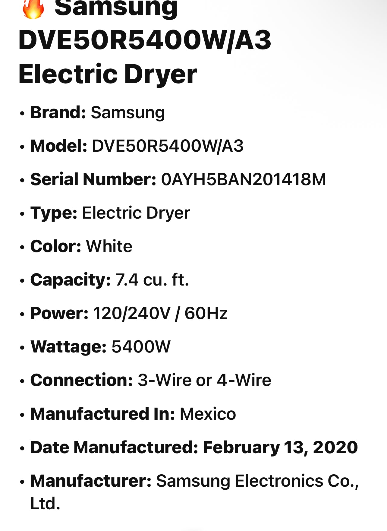 🔥 Samsung DVE50R5400W/A3 Electric Dryer