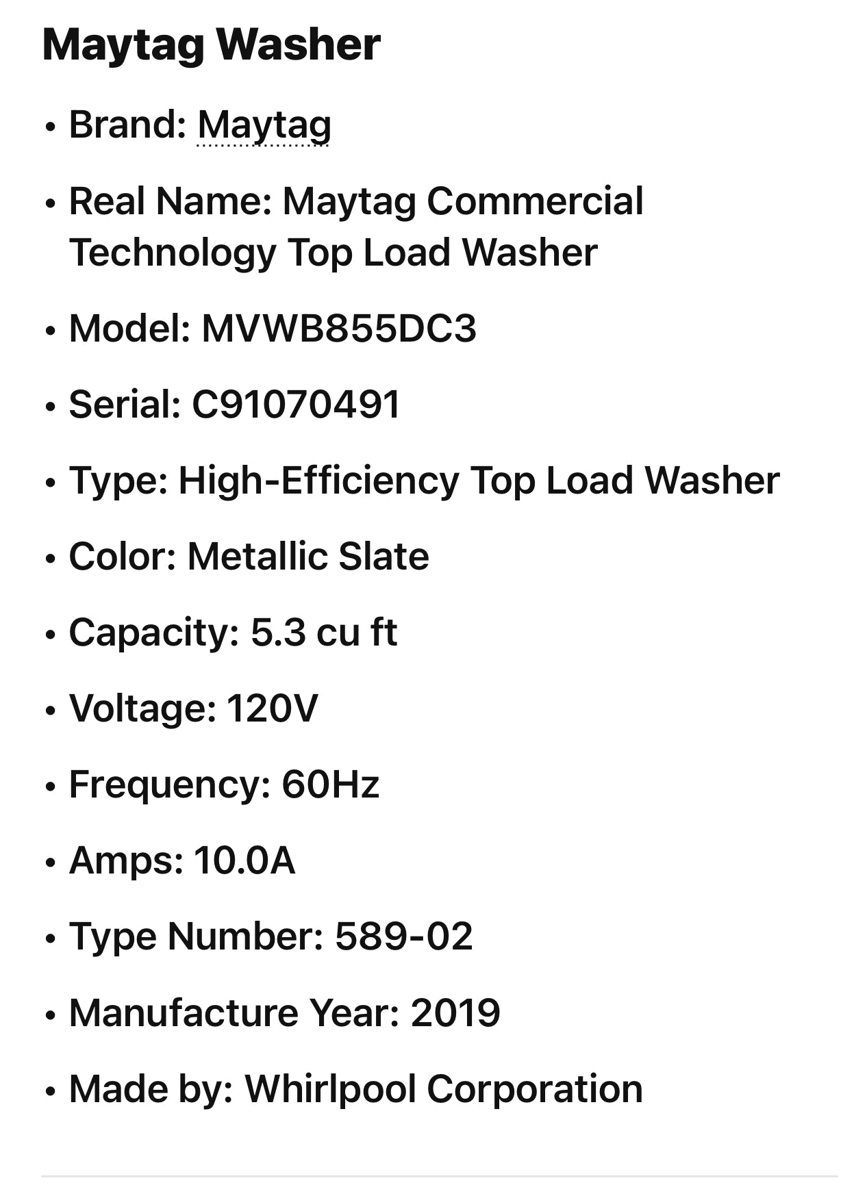 Maytag mvwb855dc Washer