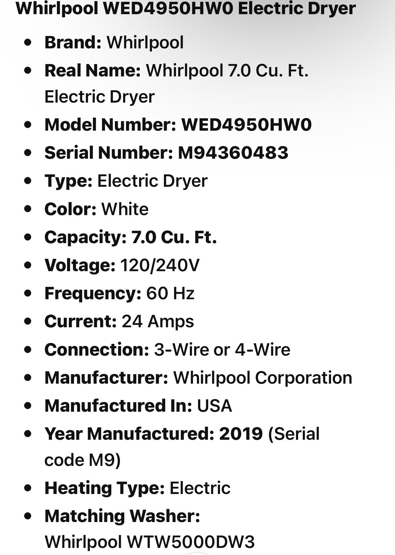 Whirlpool WED4950HW0 Electric Dryer