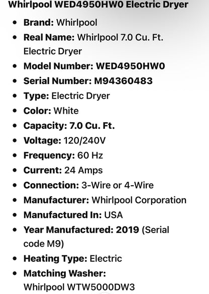 Whirlpool WED4950HW0 Electric Dryer