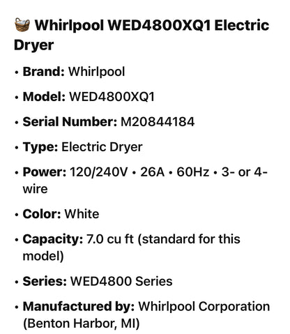 🧺 Whirlpool WED4800XQ1 Electric Dryer