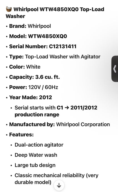 🧺 Whirlpool WTW4850XQ0 Top-Load Washer