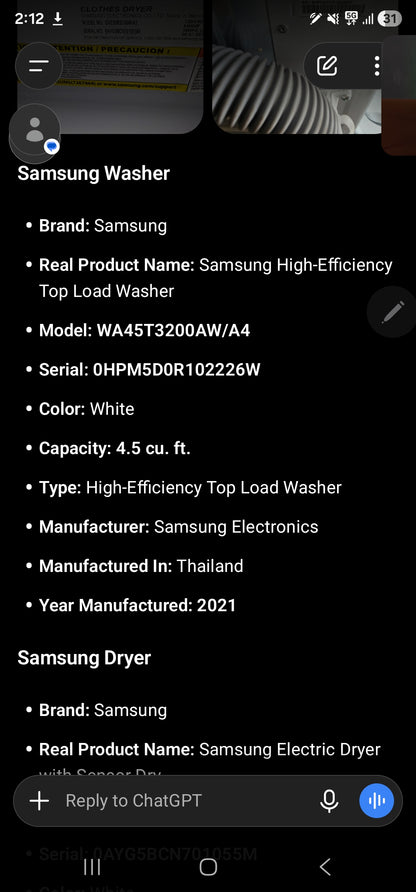 Samsung Washer And Electric Dryer Set