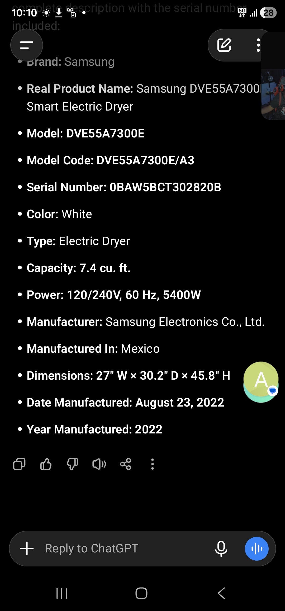 Samsung DVE55A7300E Smart Electric Dryer