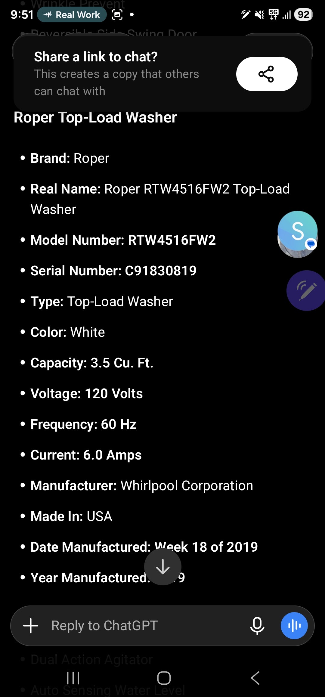 Roper RTW4516FW2 Top-Load Washer