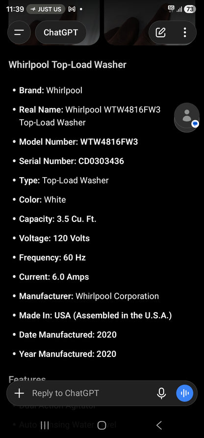 Whirlpool WTW4816FW3 Top-Load Washer