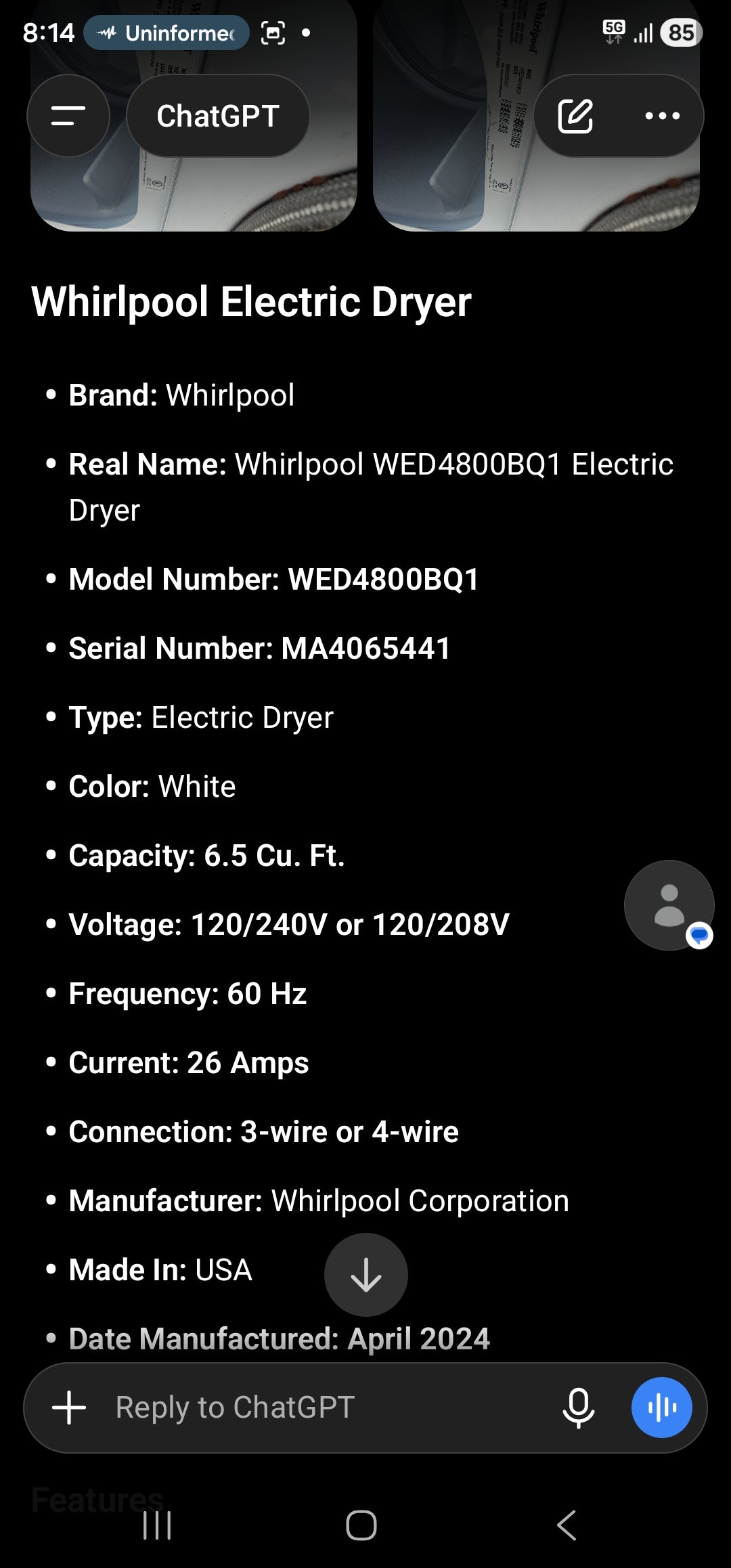 Whirlpool WED4800BQ1 Electric Dryer