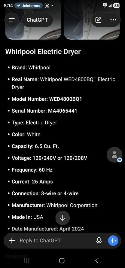 Whirlpool WED4800BQ1 Electric Dryer