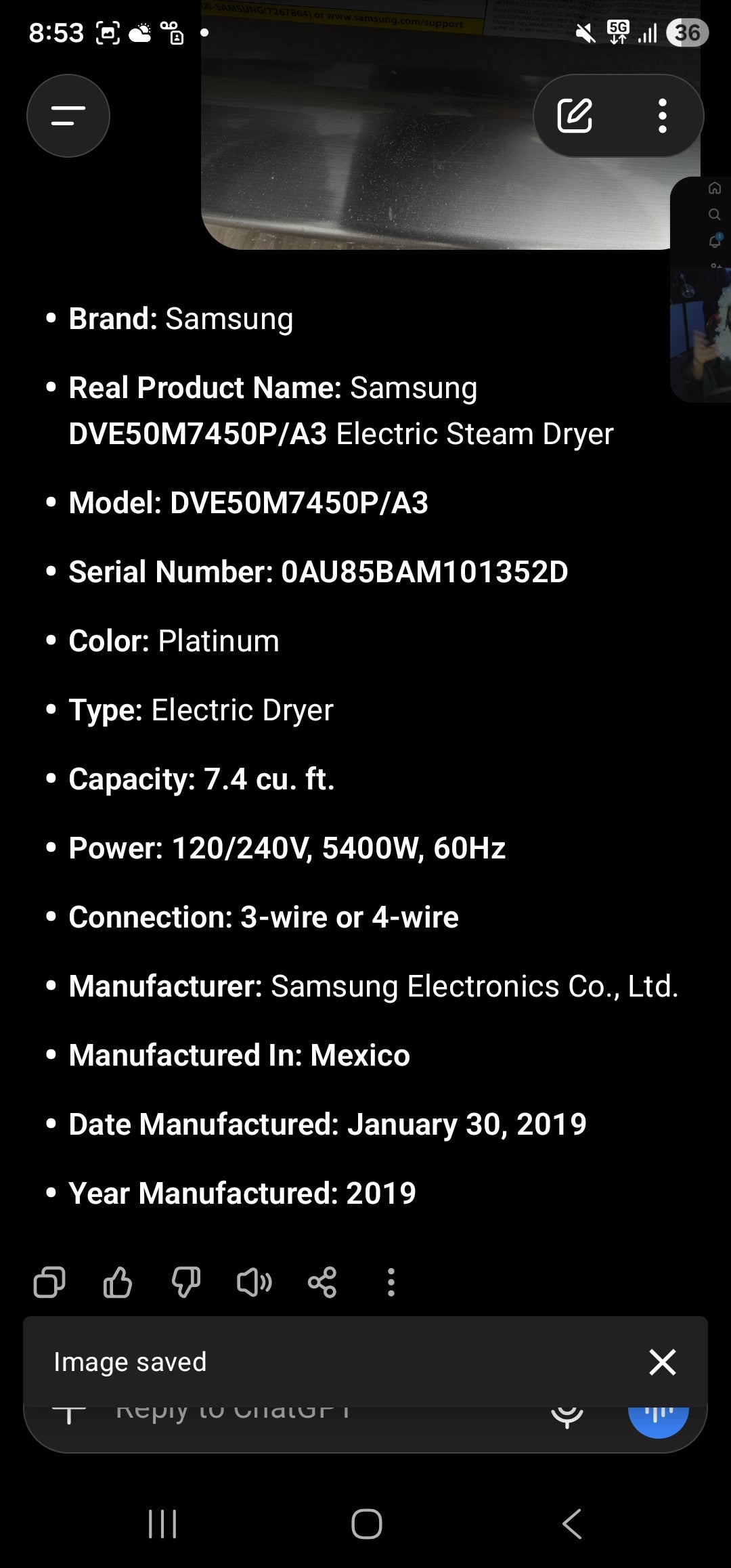 Samsung DVE50M7450P/A3 Electric Steam Dryer
