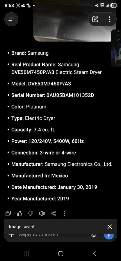 Samsung DVE50M7450P/A3 Electric Steam Dryer