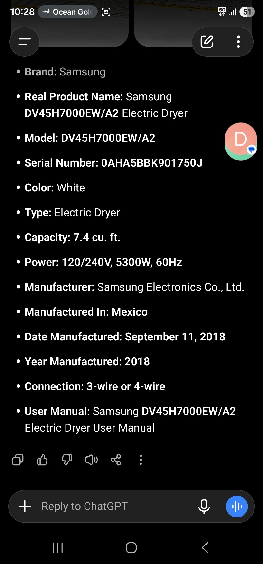 Samsung DV45H7000EW/A2 Electric Dryer
