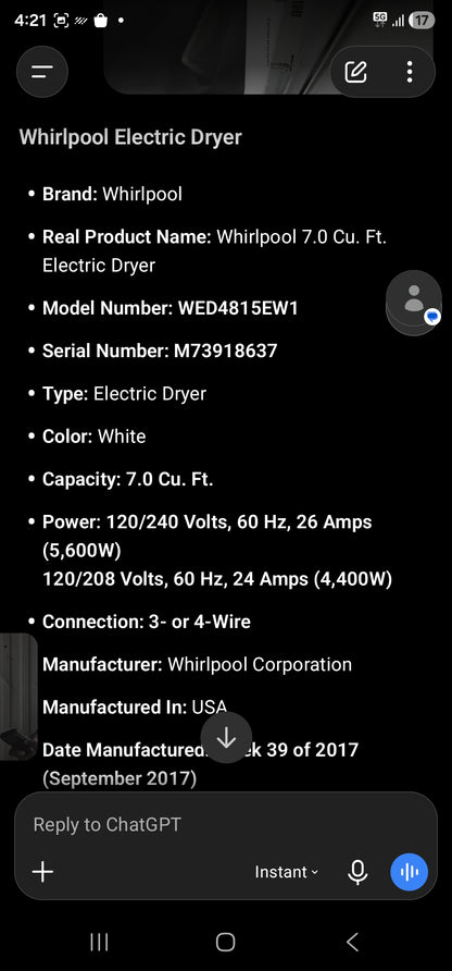 Whirlpool 7.0 Cu. Ft. Electric Dryer