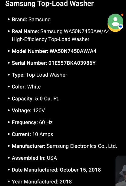 Samsung WA50N7450AW/A4 High-Efficiency Top-Load Washer