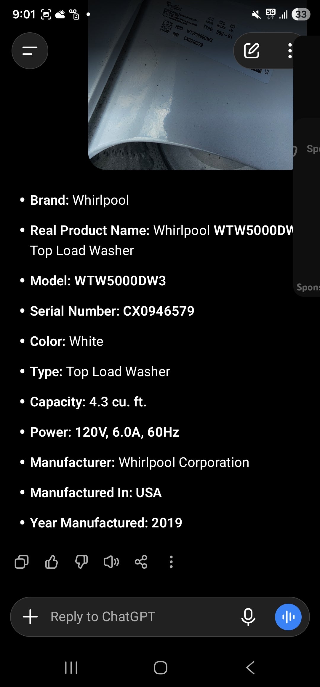Whirlpool WTW5000DV Top Load Washer