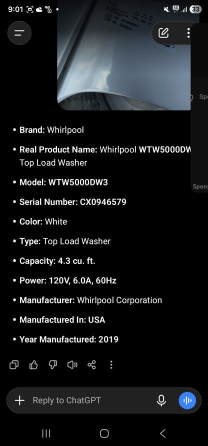Whirlpool WTW5000DV Top Load Washer